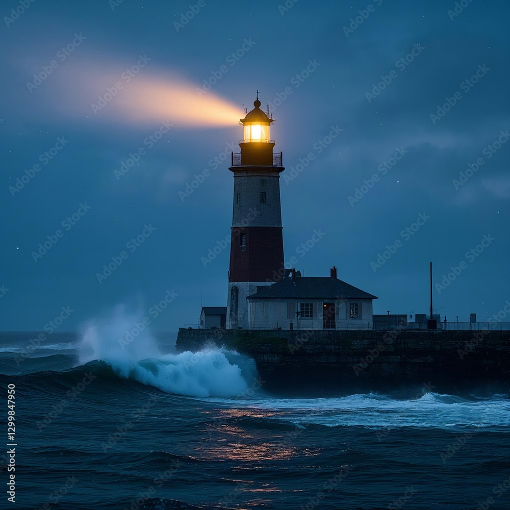 Obraz premium Dramatic Lighthouse Amidst Stormy Ocean Waves