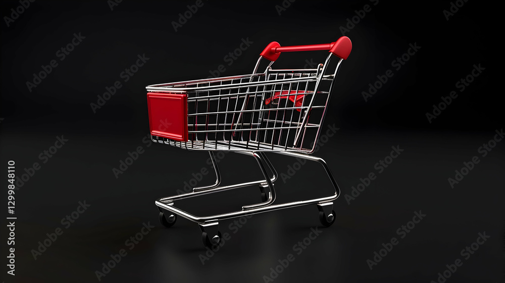 A shiny, empty shopping cart positioned on a dark background, symbolizing consumerism and retail A shiny, empty shopping cart positioned on a dark background, symbolizing consumerism and retail