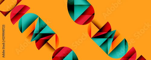 Abstract geometric background with layered gradient shapes forming dynamic patterns. Overlapping semi circles and triangles create depth and contrast