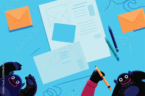 Cartoon monsters meticulously crafting a newsletter, surrounded by envelopes, preparing for mass mailing.  Focus on whimsical details.