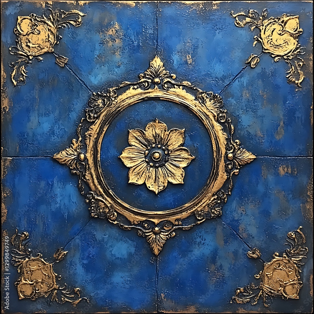 Naklejka premium Gold Leaf Design Frame and Blue Floral Ornament Patterned Wall Art