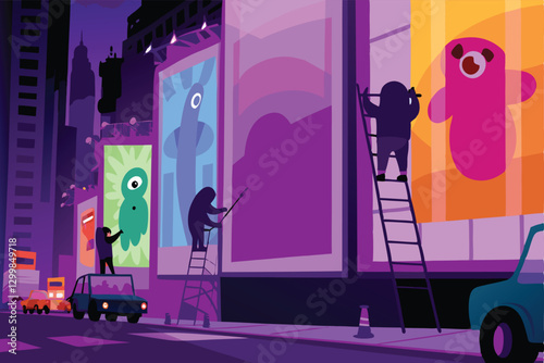 Whimsical monsters collaborate, designing a vibrant, multi-colored billboard live on a stage.  Detailed close-up.