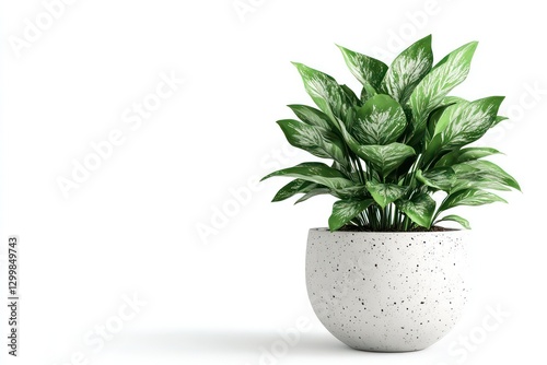 A realistic 3D rendering of a houseplant in a modern pot, isolated on white to accentuate the plantâ€™s intricate leaf patterns.