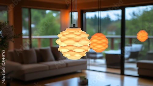 Lights glow in a luxe living room vista