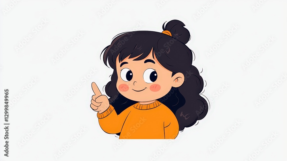 Cartoon girl pointing up, expressive, simple studio background, happy theme Cartoon girl pointing up, expressive, simple studio background, happy theme