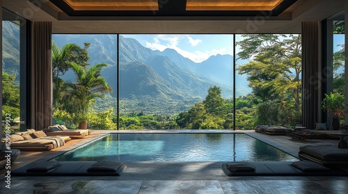 Luxurious indoor pool with mountain view.