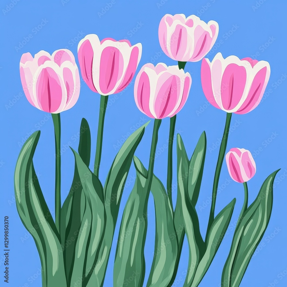 Fototapeta premium Pink tulips bloom against blue sky; spring floral design for cards