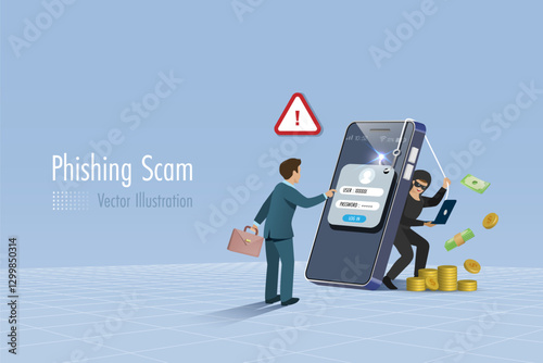 Hacker online phishing password from businessman on fake web template. Cyber crime attack against digital security system technology. 3D vector.