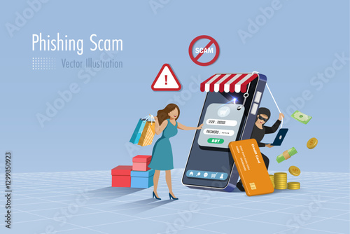 Hacker online phishing password, credit card information from online shopping woman customer on fake web template. Cyber crime attack against digital security system technology. 3D vector.