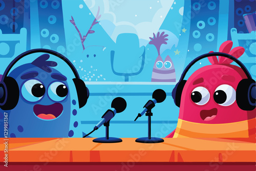 Three friendly monster podcasters record an episode amidst a chaotic pile of microphones.  Humorous, vibrant illustration.