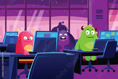 A team of friendly, diverse monsters brainstorming a marketing strategy, showcasing teamwork and creative ideas for a new product launch.