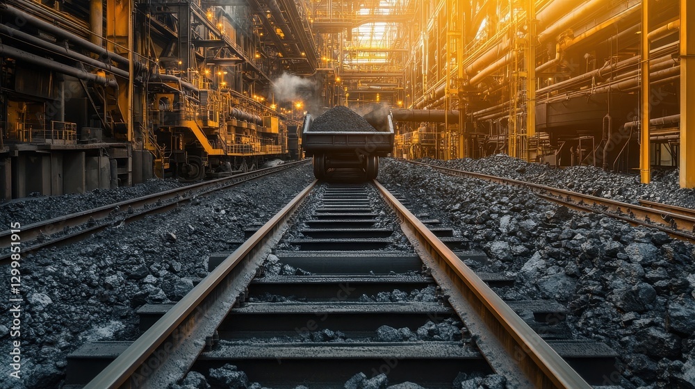 Coal-filled mine cart on railway tracks inside industrial plant. Illustrates heavy industry, resource transportation, and manufacturing processes. Coal-filled mine cart on railway tracks inside industrial plant. Illustrates heavy industry, resource transportation, and manufacturing processes.