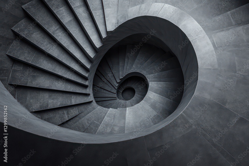 Fototapeta premium A top-down image of a monochromatic grey spiral staircase, creating a surreal and hypnotic visual illusion.