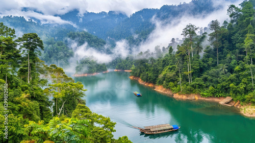 serene mountain lake at dawn with mist over crystal-clear waters