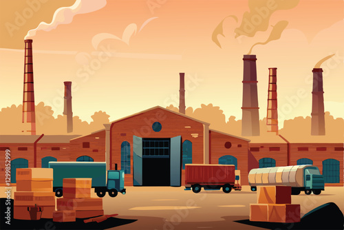 A vintage photograph depicting a weathered brick factory, tall industrial smokestacks belching smoke, showcasing its age and industrial past.