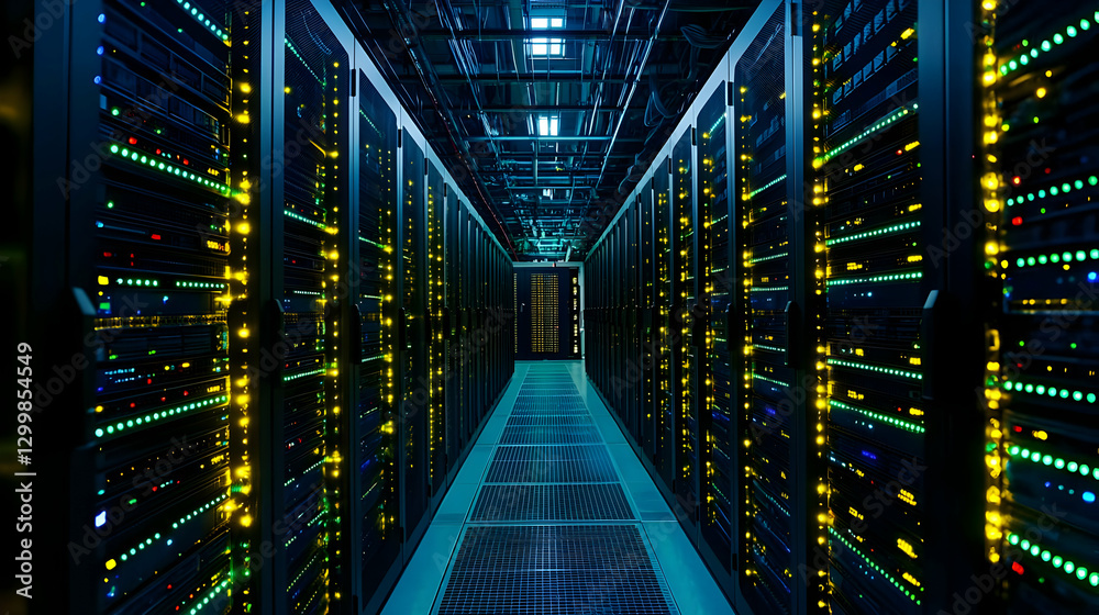 Fototapeta premium Data Center Server Room Perspective With Rows Of Metallic Racks Illuminated By Blue And Green Lights