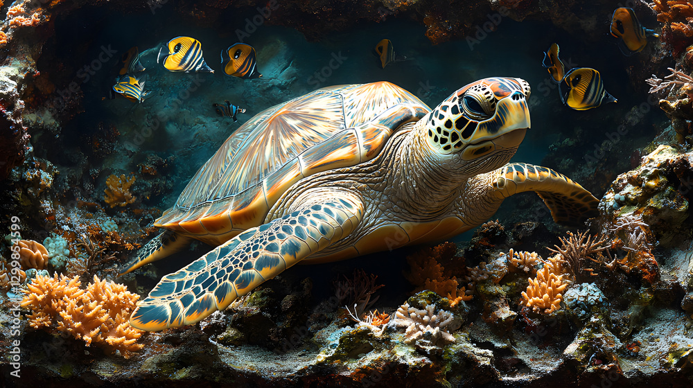 Fototapeta premium Sea Turtle Gliding Peacefully Through Crystal Clear Ocean Waters