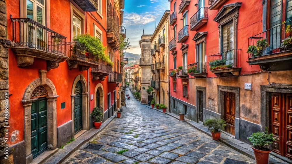 Fototapeta premium Ancient stone street in Naples historic center with traditional Italian architecture and red-tiled roofs