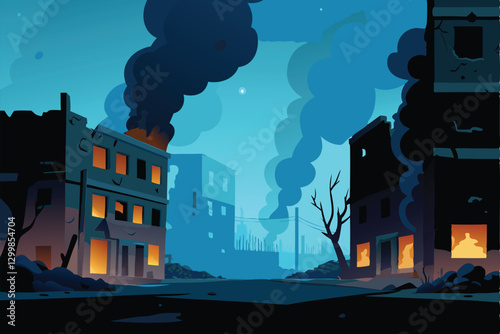 A desolate, post-apocalyptic cityscape featuring crumbling, overgrown buildings under a grey, overcast sky.  Focus on the architectural decay and environmental reclamation.