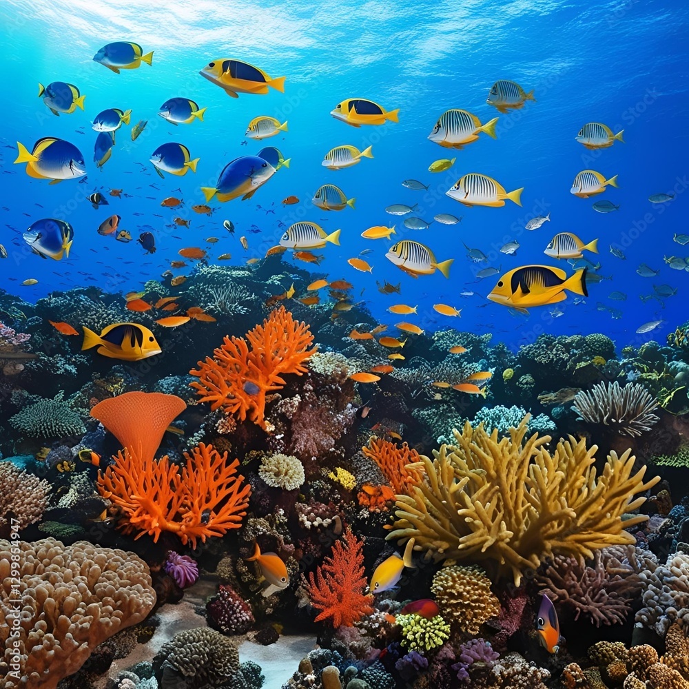 Naklejka premium Underwater scene: vibrant coral reefs with various species of tropical fish swimming around, high-detail textures