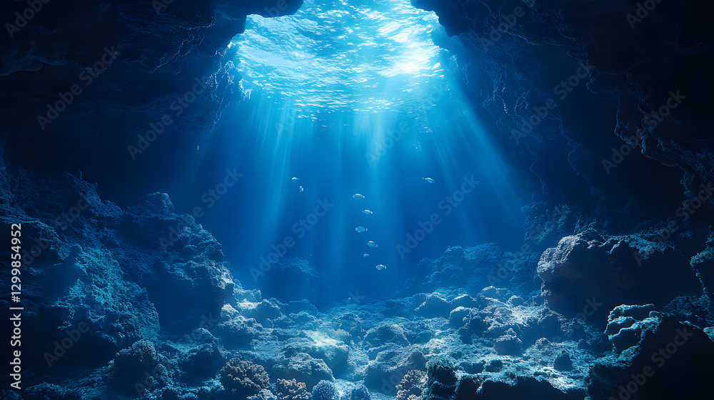 Obraz premium Underwater View of a Sea Cave Teeming with Marine Life and Corals