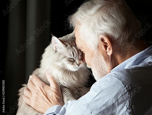 An elderly man shares a tender moment with his gentle cat indoors, showcasing love and companionship.
