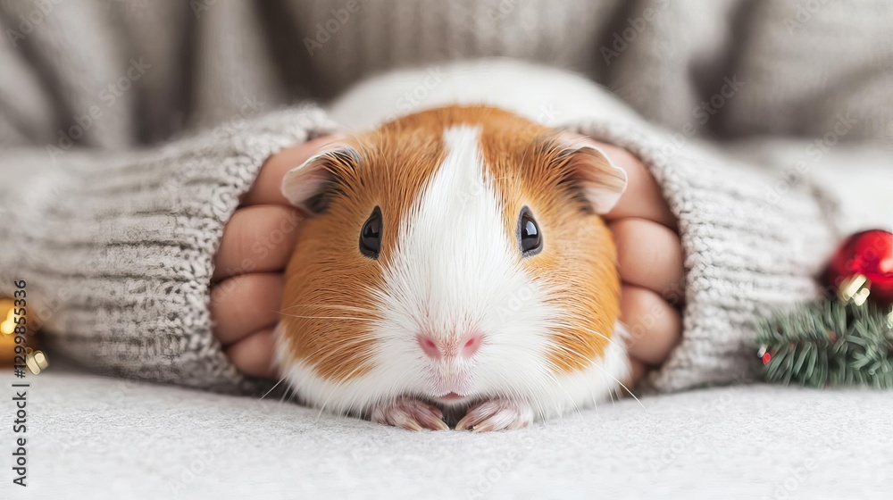 A close-up of a guinea pig being held gently by hands in cozy surroundings. A close-up of a guinea pig being held gently by hands in cozy surroundings.