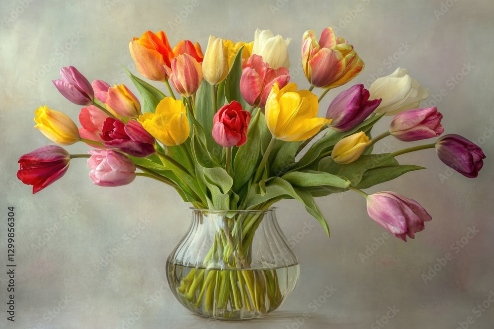 Fototapeta premium A vibrant bouquet of multicolored tulips in a clear glass vase, a still life painting.