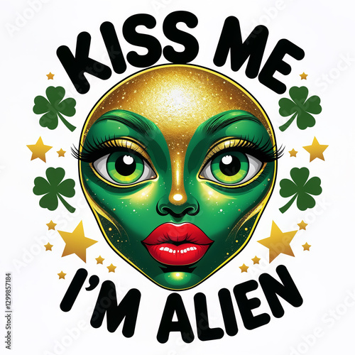 Kiss Me I’m Alien - Extraterrestrial St. Patrick’s Day Mashup with green shamrocks & gold stars photo