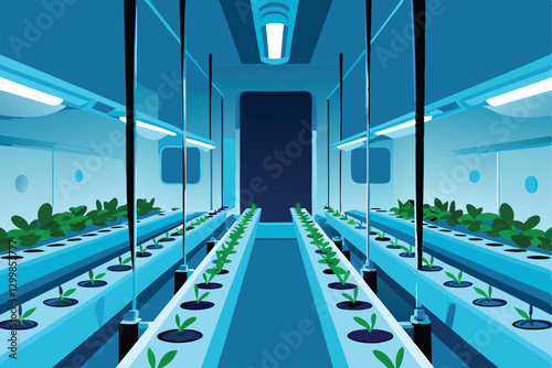 Image of lush, thriving hydroponic lettuce plants in neat rows, showcasing a sophisticated, indoor vertical farm system with nutrient-rich water flowing.