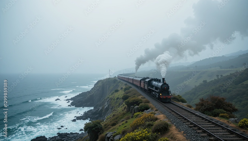 Fototapeta premium Aerial steam train journey along foggy coastal cliffs
