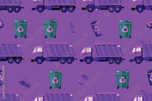 Create a seamless pattern featuring cartoon garbage trucks and landfills, emphasizing environmental themes.  Include bright colors and playful designs.