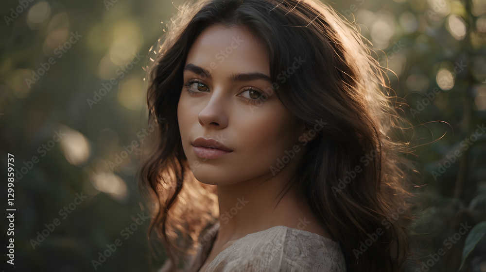 Naklejka premium a beautiful woman portrait in a magical forest with sunlight. She is looking directly at the viewer with a calm expression and long brown wavy hair