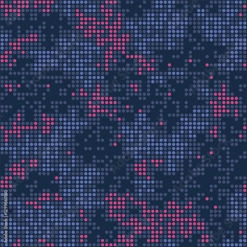 Halftone digital vinous camouflage wallpaper. LED screen pattern in maroon tones, camo grid, polka dot background. Seamless vector dark blue texture
