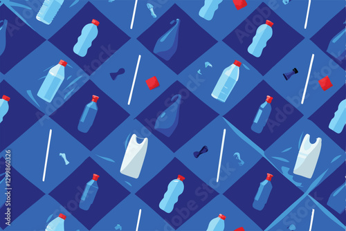 Create a seamless, repeating pattern featuring various types of plastic waste, including straws, bottles, bags, and packaging.  Depict a chaotic, overflowing texture.