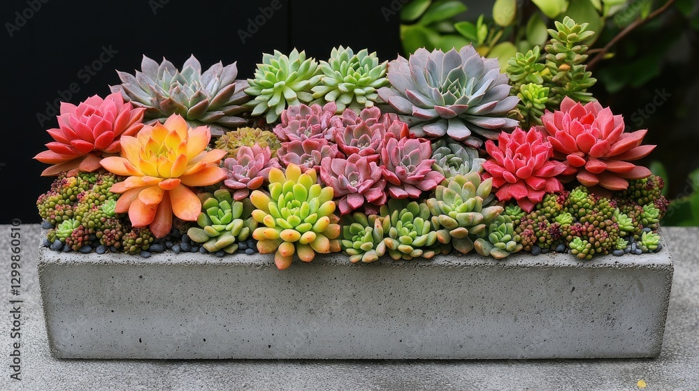 Fototapeta premium Colorful succulent arrangement in concrete trough, garden background, home decor