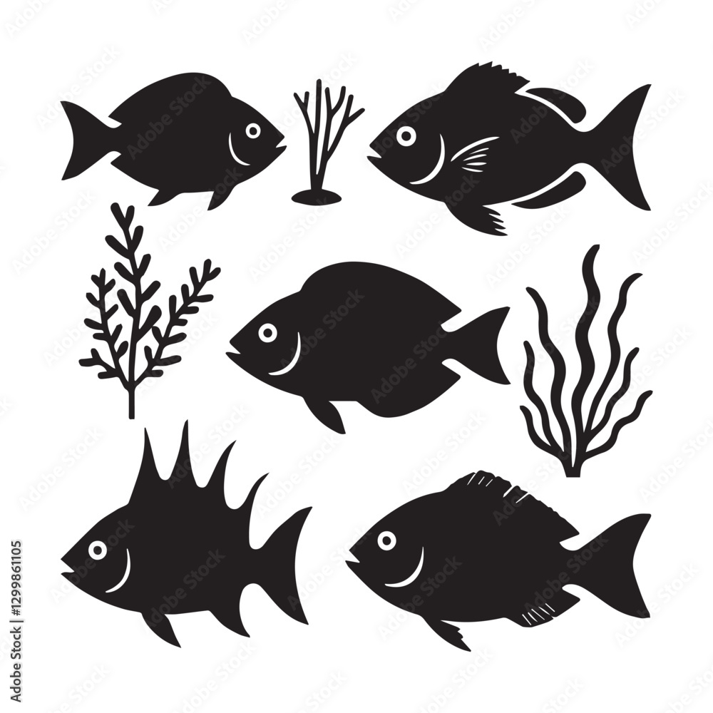 Naklejka premium set of algae fish black silhouette isolated vector white background