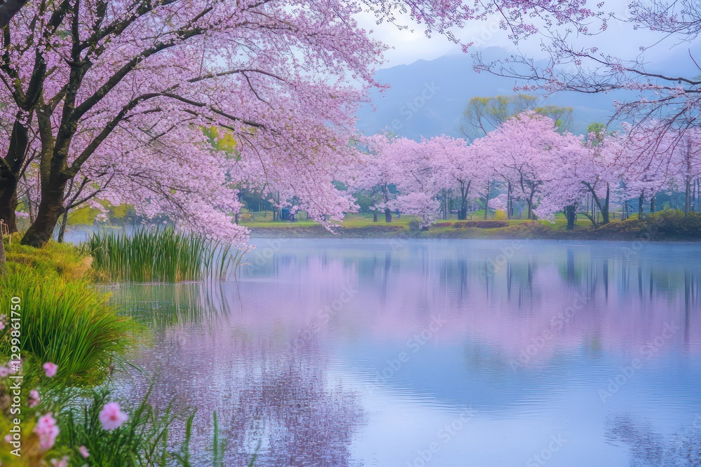 A tranquil lake surrounded by cherry blossom trees, their reflection shimmering in the calm water, evoking a peaceful ambiance. A tranquil lake surrounded by cherry blossom trees, their reflection shimmering in the calm water, evoking a peaceful ambiance.