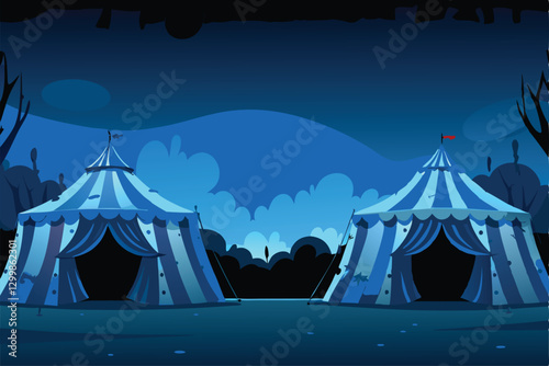 A nightmarish circus scene tattered tents, menacing clowns, ominous shadows, a foreboding atmosphere.  Create a dark and eerie image.