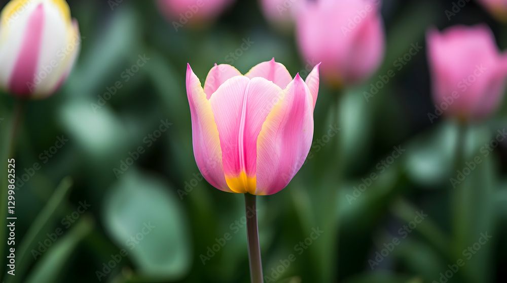 Single Pink Tulip Blossom with Yellow Accents and Green Leafy Background Single Pink Tulip Blossom with Yellow Accents and Green Leafy Background