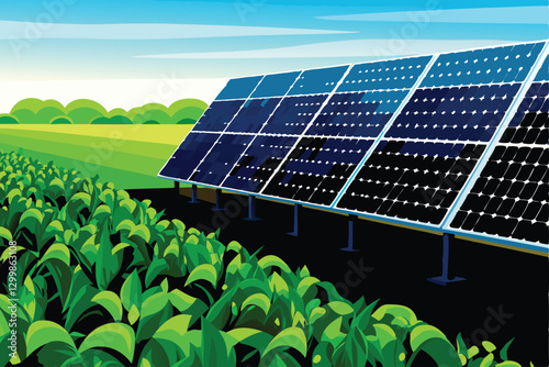 Expansive field of solar panels, cleanly installed beside neatly arranged rows of (presumably) crops, showcasing sustainable energy generation.