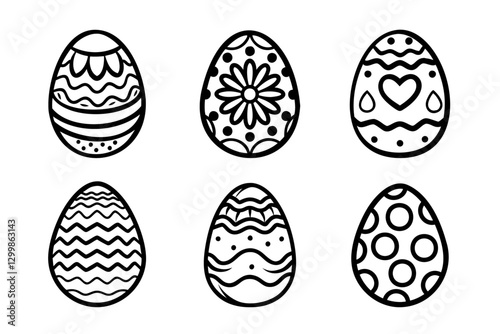 A set of hand-drawn decorative Easter egg icons, featuring intricate patterns, floral designs, hearts, dots, and zigzag lines, in black outline style