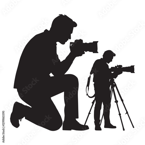 Silhouettes of professional photographers at work white background