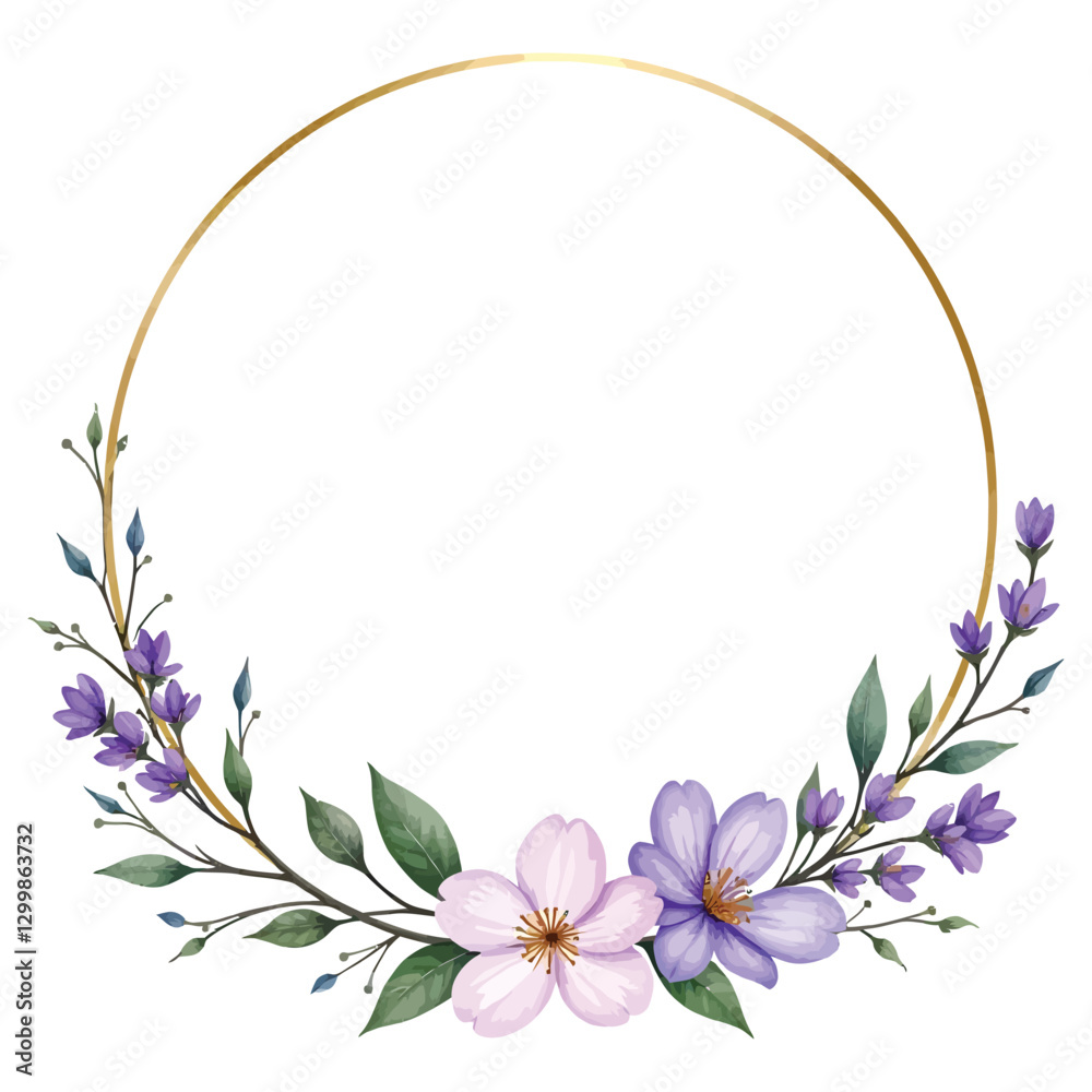 A watercolor illustration of lavender flowers and greenery framing a circular golden border A watercolor illustration of lavender flowers and greenery framing a circular golden border