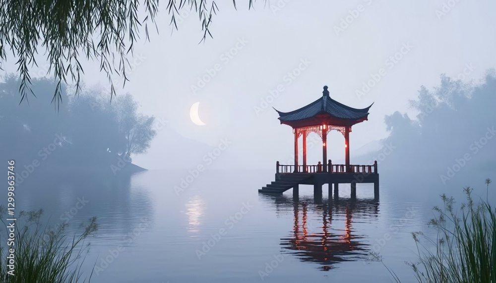 Tranquil Pagoda Silhouette Over Misty Lake at Moonrise Tranquil Pagoda Silhouette Over Misty Lake at Moonrise