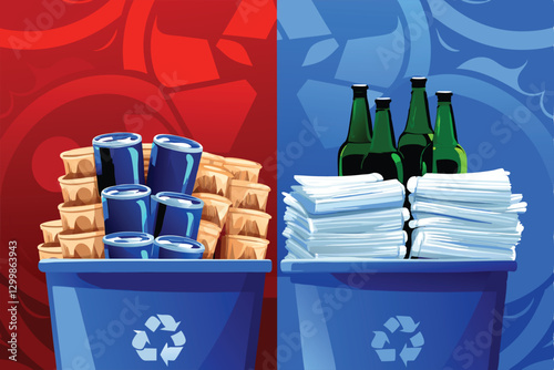 Photograph of haphazard stacks of crushed aluminum cans, crumpled paper, and broken glass bottles; emphasizing the overflowing, chaotic nature of recycling.