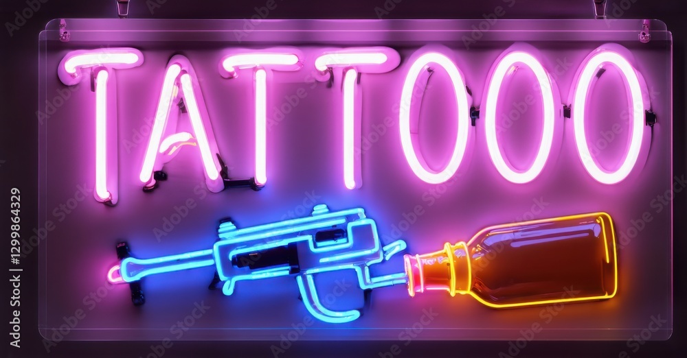 Obraz premium Neon sign tattoo house glowing classic ink bottle detailed gun sharp traditional outline bright colorful realistic photo