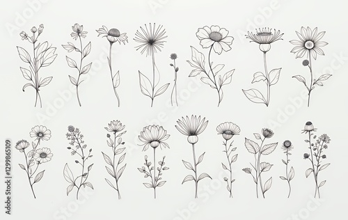 Daisy flowers botanical illustration drawing line art for wedding invitation