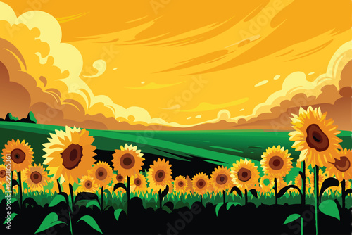 A vibrant field of sunflowers in full bloom basking in the golden light of a dramatic sunset, showcasing their tall stalks and bright yellow petals.