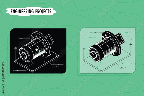 Detailed technical sketches showcasing engineering design elements; intricate mechanical components and assembly diagrams.